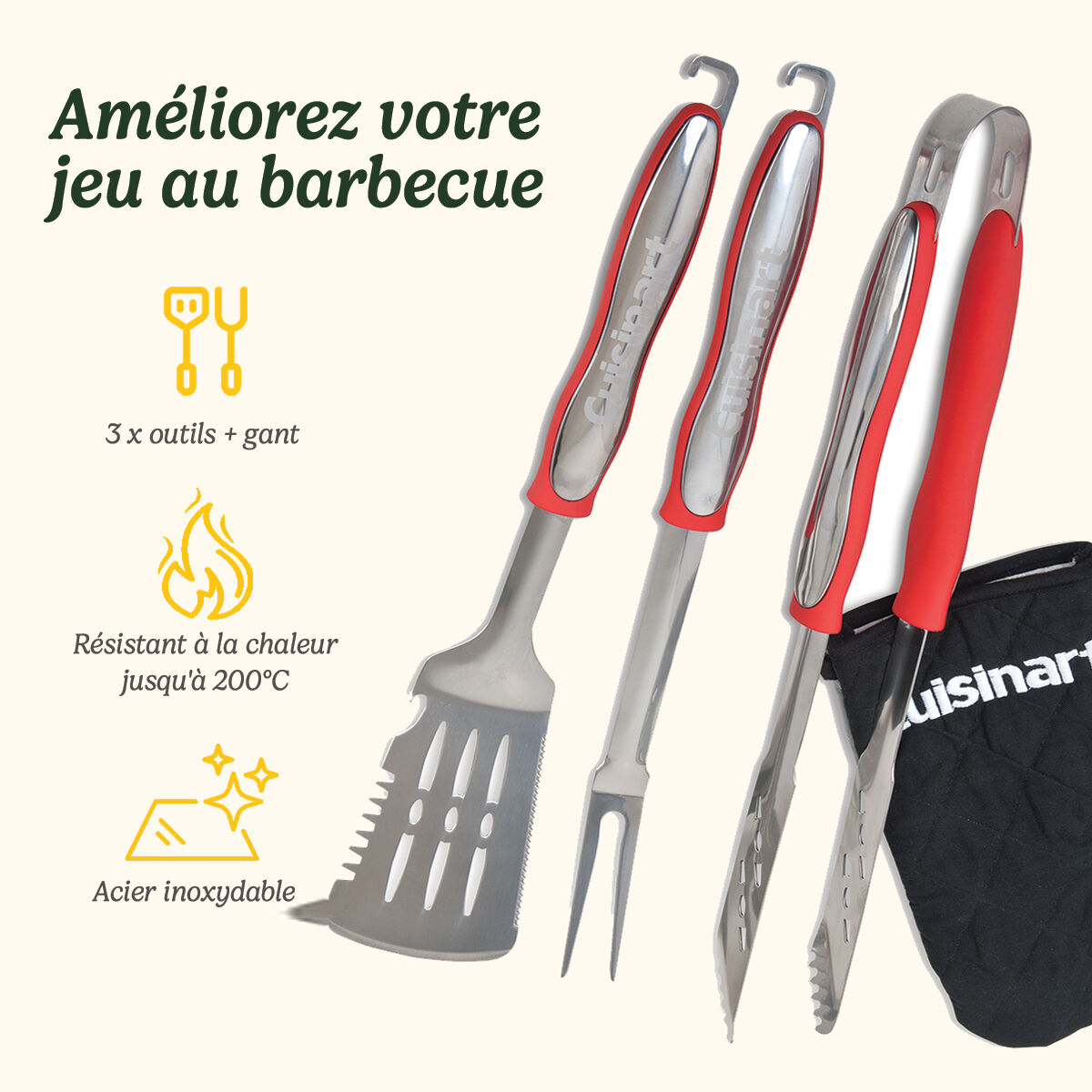 Cuisinart Ensemble De 3 Outils Pour Grillades Avec Gants, Noir, large 2